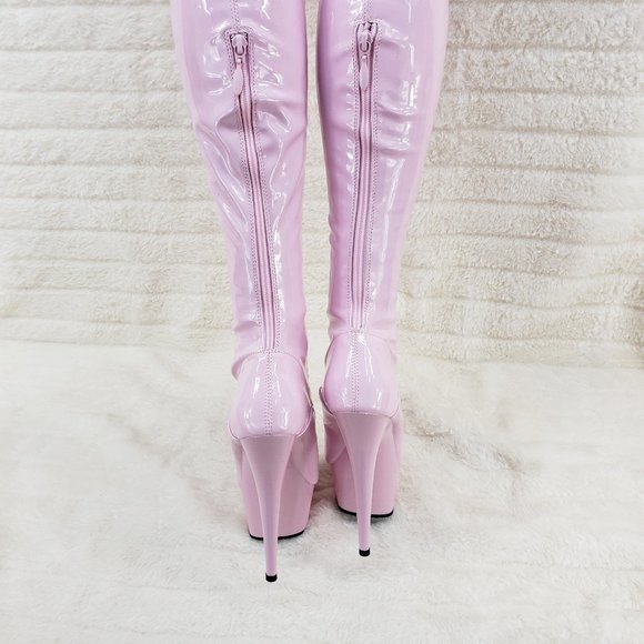 Baby Pink White Patent Platform Thigh High Heel Front Zipper / Lace up Boots - Picture 9 of 12